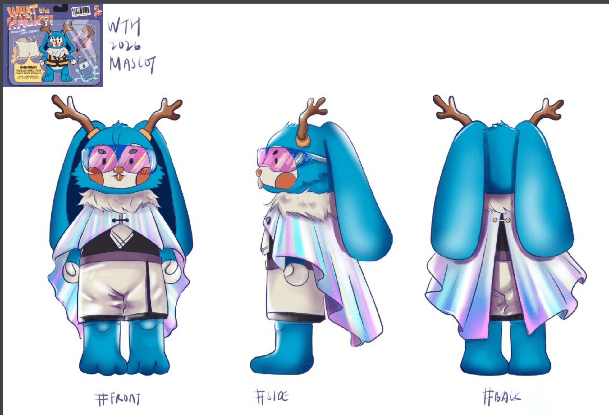 The What The Hack 2026 mascot wearing a cyan hood, holographic visor and antlers