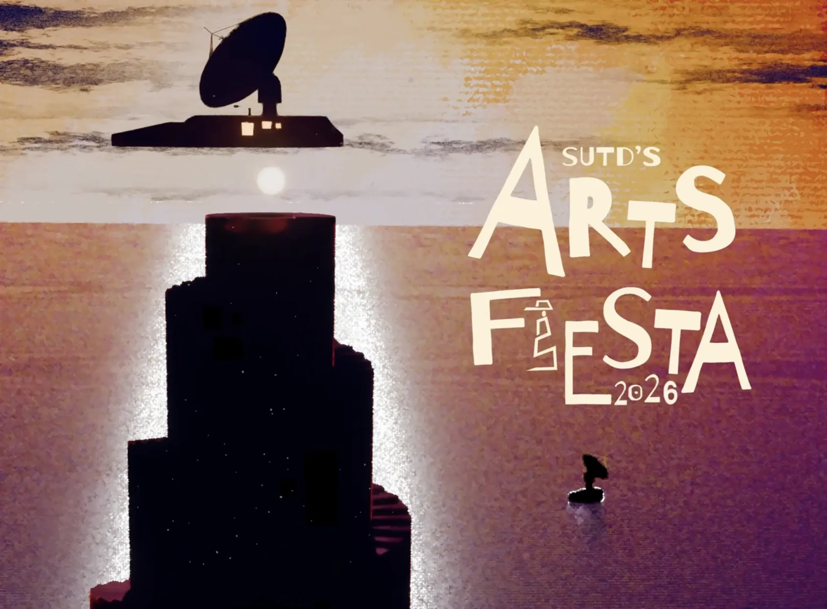 Arts Fiesta 2026 teaser video on Instagram: a lighthouse silhouetted against a sunset sea
