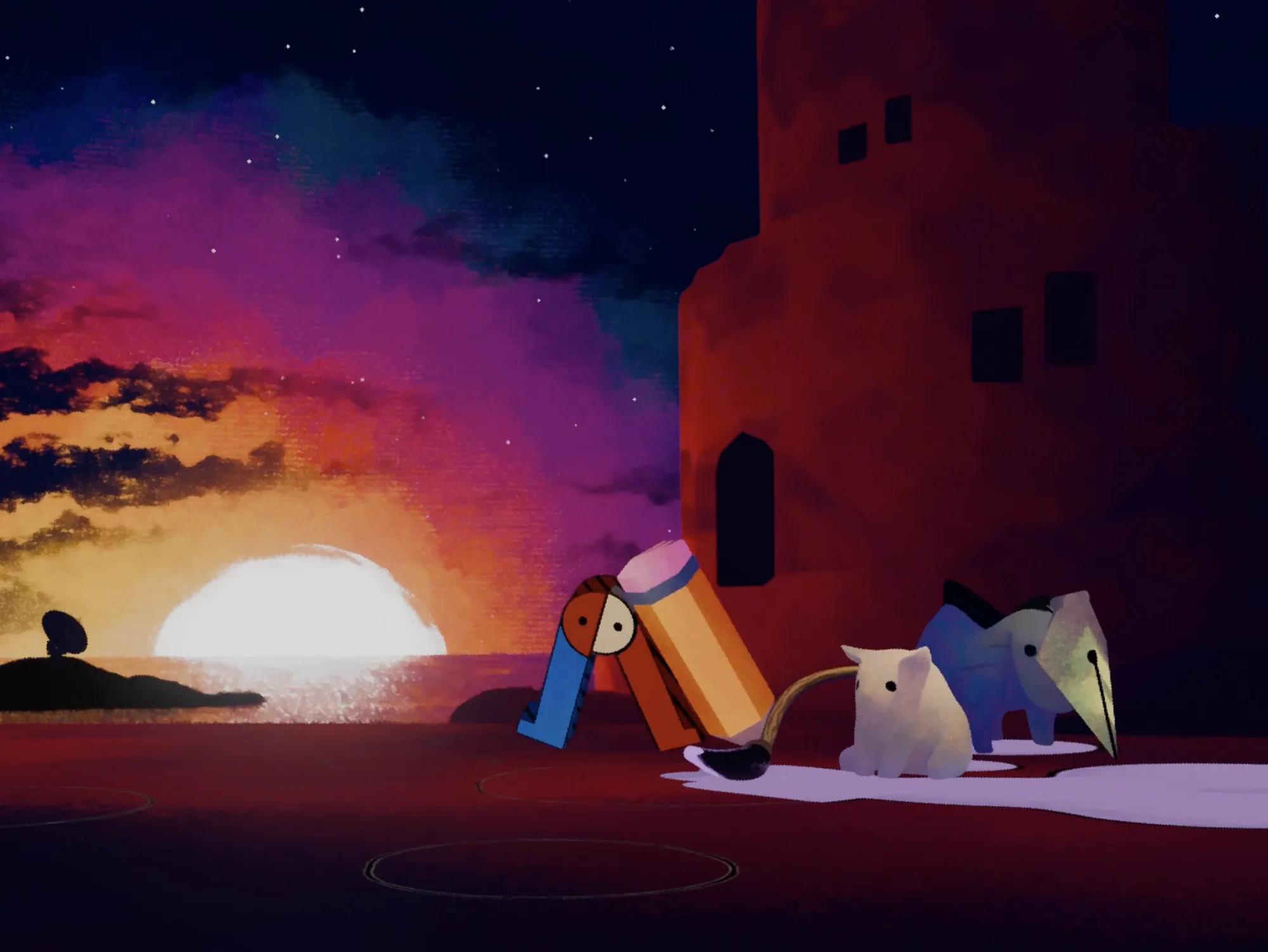 Arts Fiesta 2026 teaser video: pencil, brush and pen creatures beside a tower at sunset